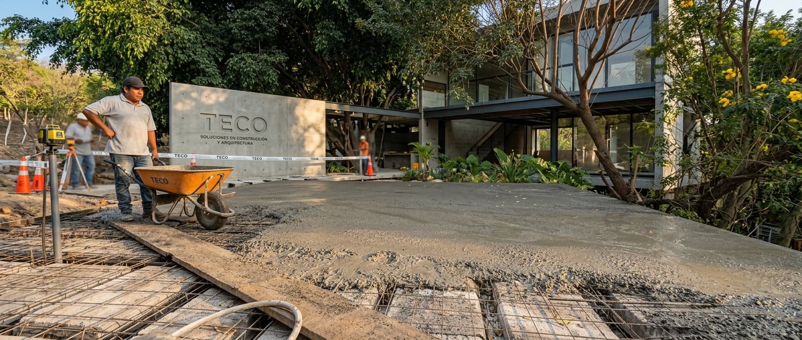 Equipo de TECO fundiendo una losa de concreto en un proyecto residencial